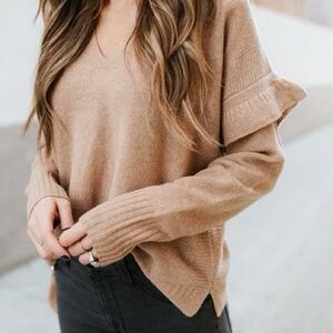 Madewell Woman Tan Merino Wool Ruffle Sleeve V-Neck Knit Sweater SMALL Preppy